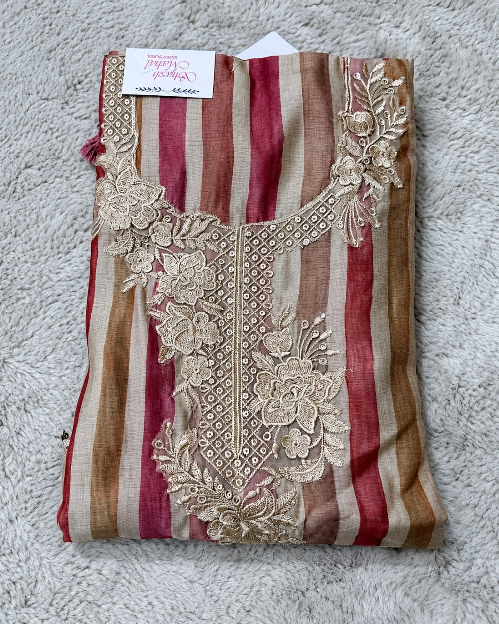 Muslin Striped Print Suit with Resham Work & Printed Jamdani Dupatta (12639995)