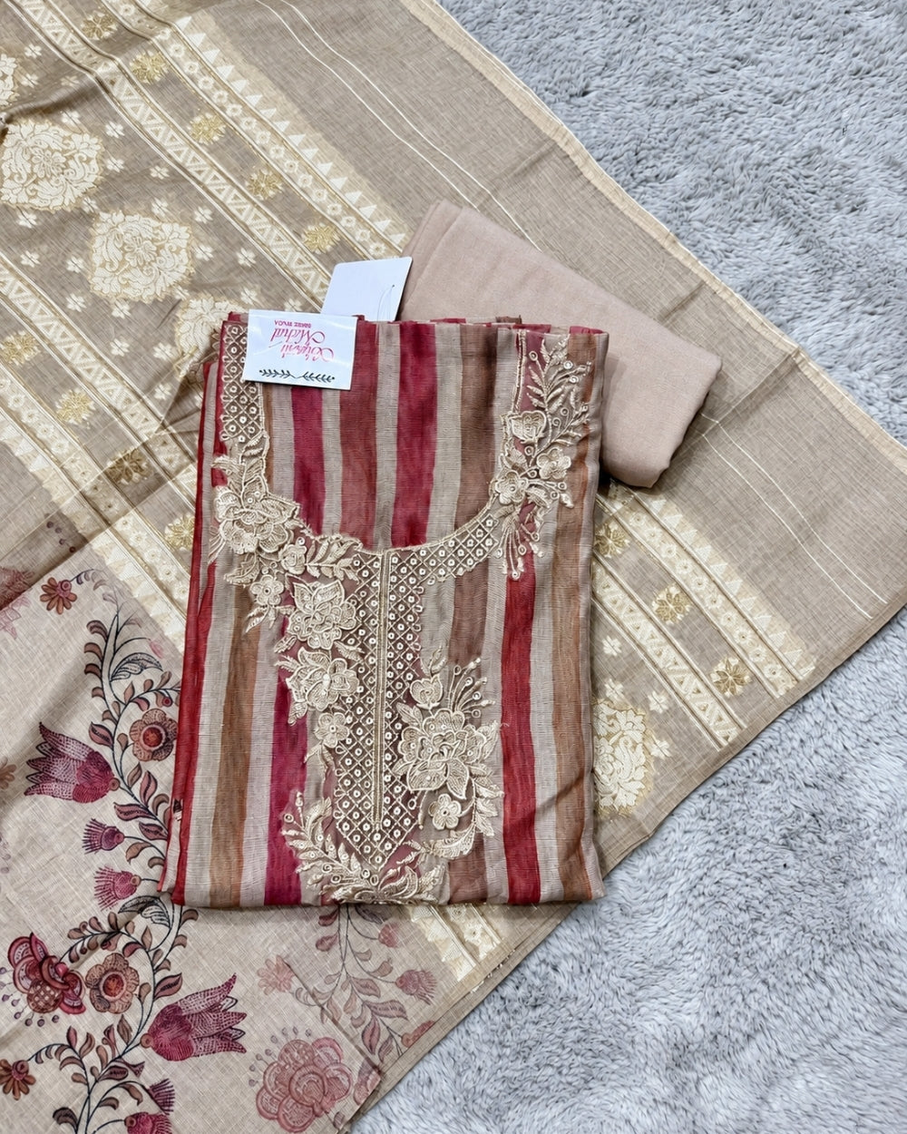 Muslin Striped Print Suit with Resham Work & Printed Jamdani Dupatta (12639995)