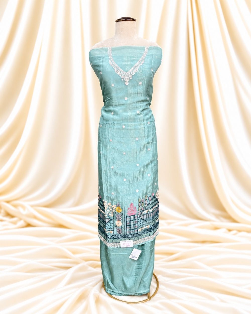 Air Force Green Tissue Organza Suit with Kantha Handwork (12640001)