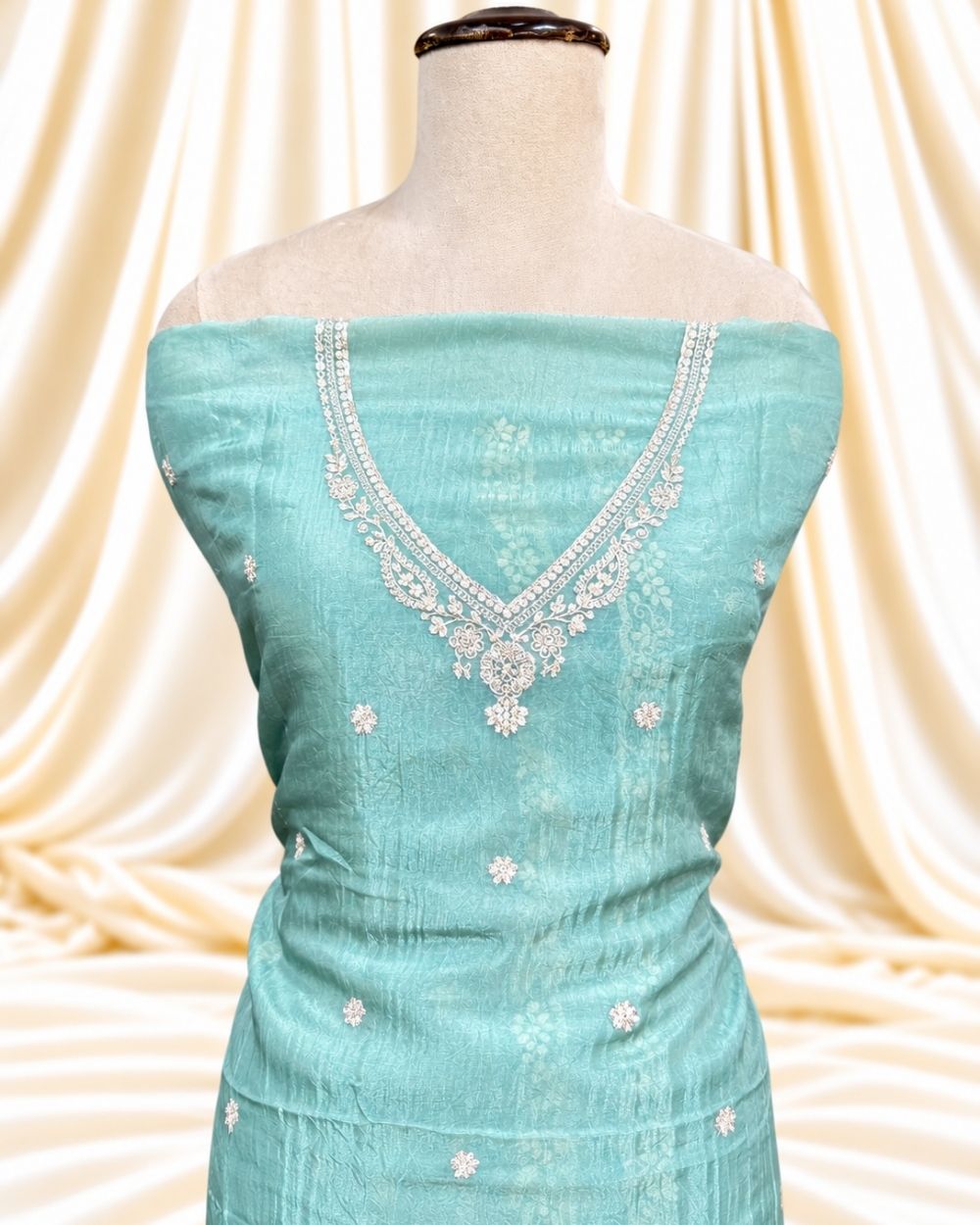 Air Force Green Tissue Organza Suit with Kantha Handwork (12640001)