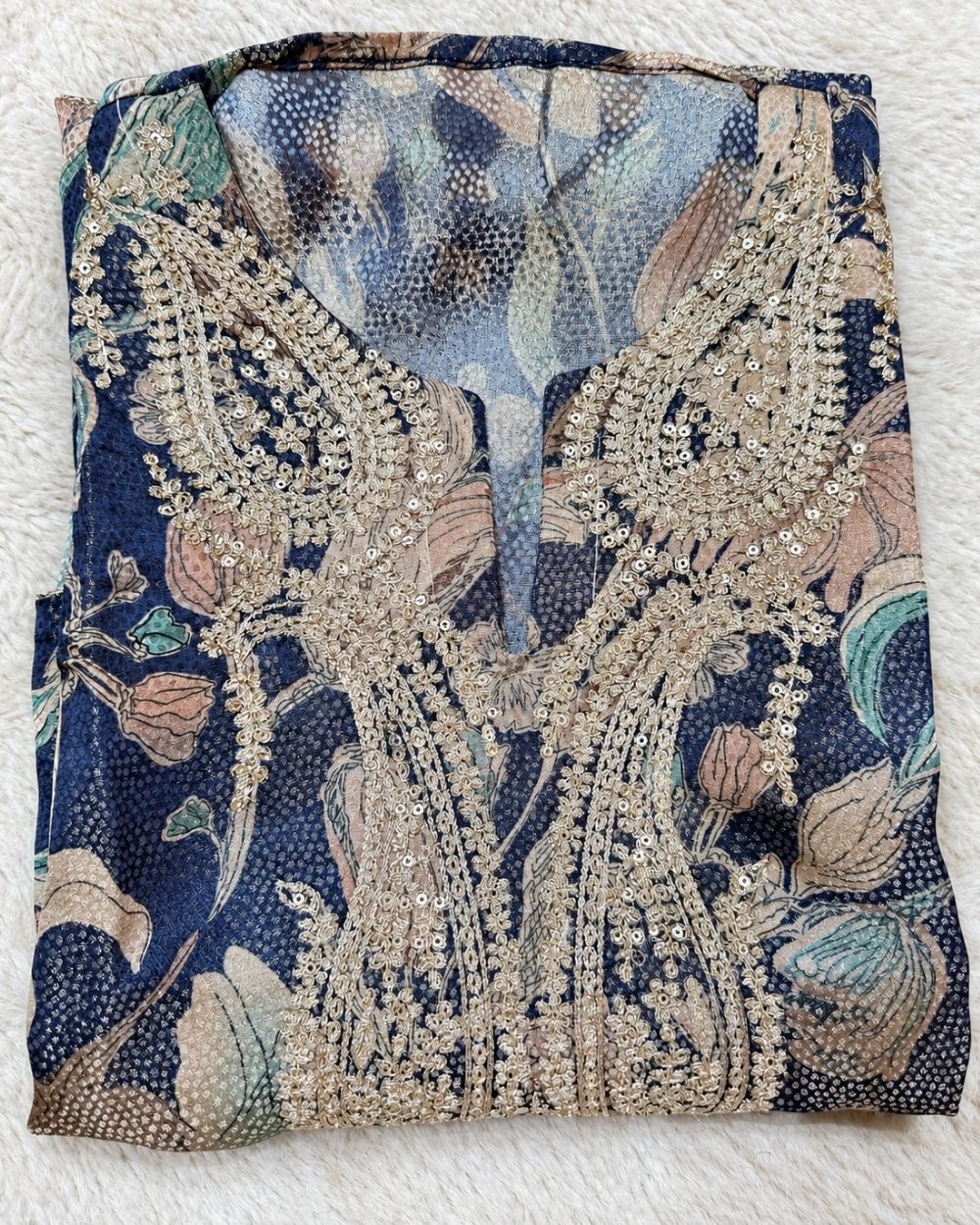 Blue Tissue Georgette Suit with Zari Work Neckline (12639022)