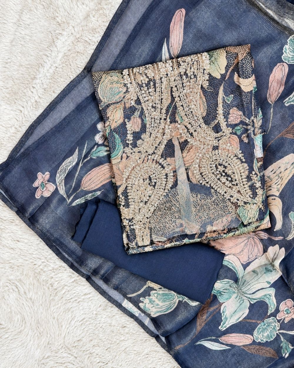 Blue Tissue Georgette Suit with Zari Work Neckline (12639022)