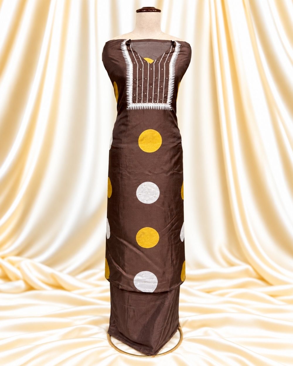Brown Satin Modal Suit with Circle Print Dupatta & Zari Border (12638979)