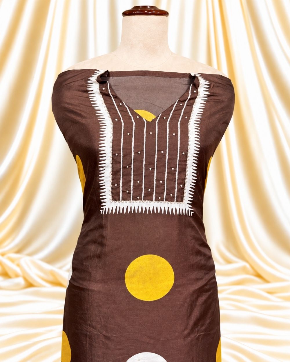 Brown Satin Modal Suit with Circle Print Dupatta & Zari Border (12638979)