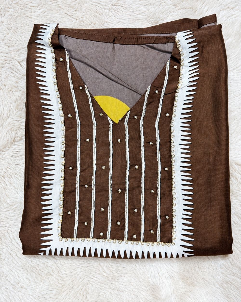 Brown Satin Modal Suit with Circle Print Dupatta & Zari Border (12638979)