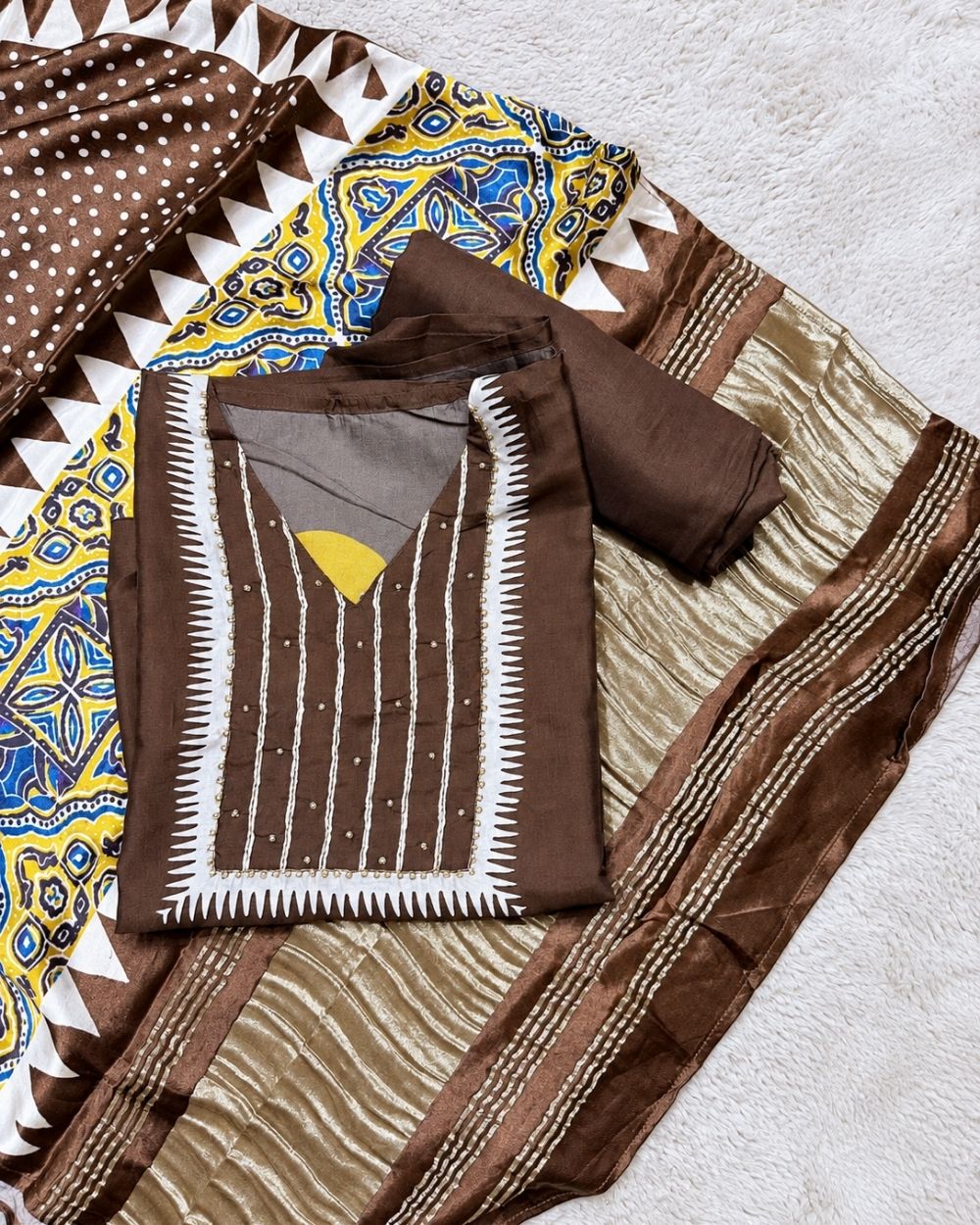 Brown Satin Modal Suit with Circle Print Dupatta & Zari Border (12638979)
