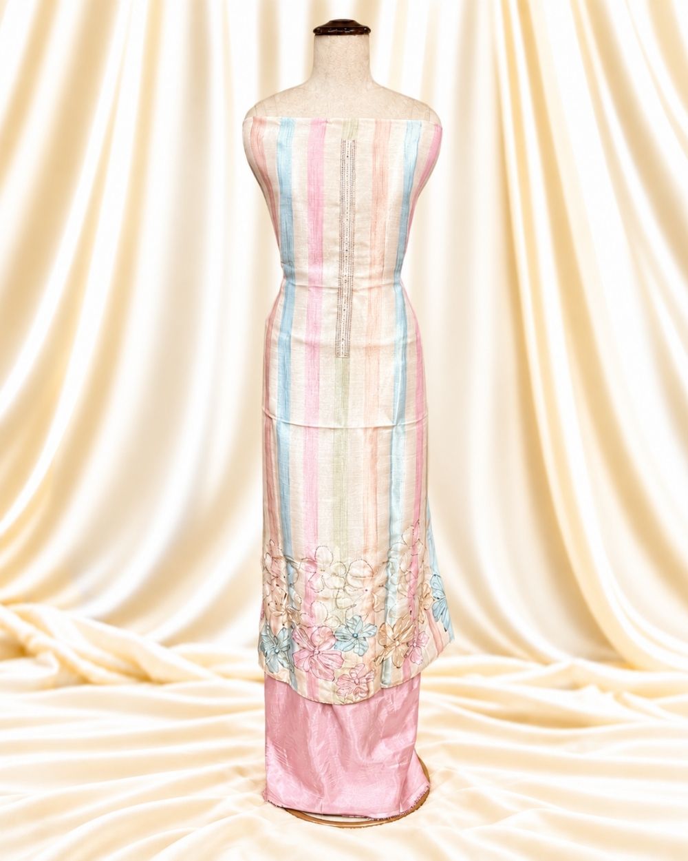 Floral Stripe Organza Suit with Handwork on Daman (12640034)