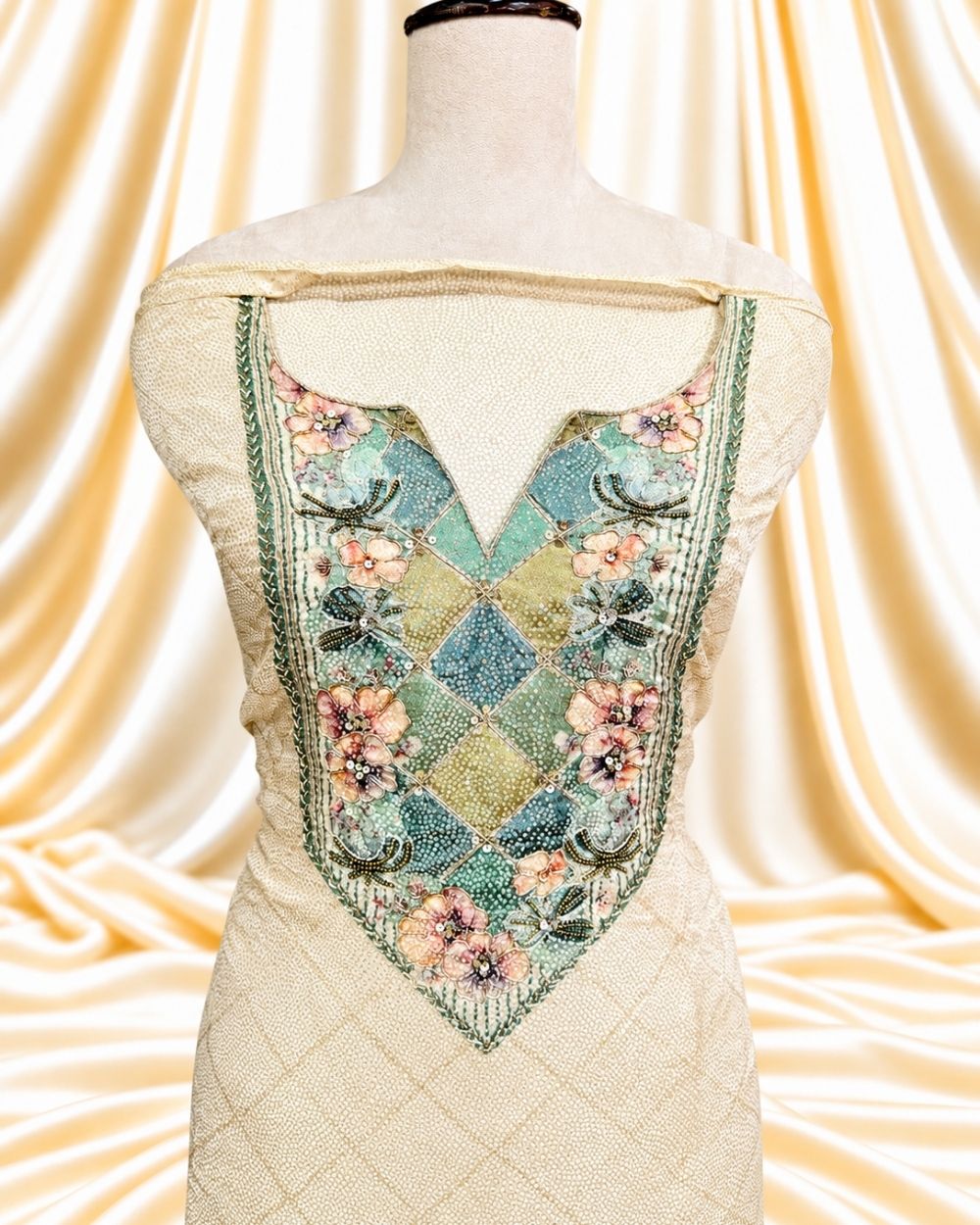 Flower Printed Tissue Georgette Suit with Handwork Neckline (12638990)