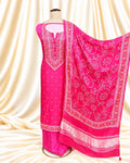 Pink Satin Modal Bandhej Print Suit with Handwork Neckline (12638988)