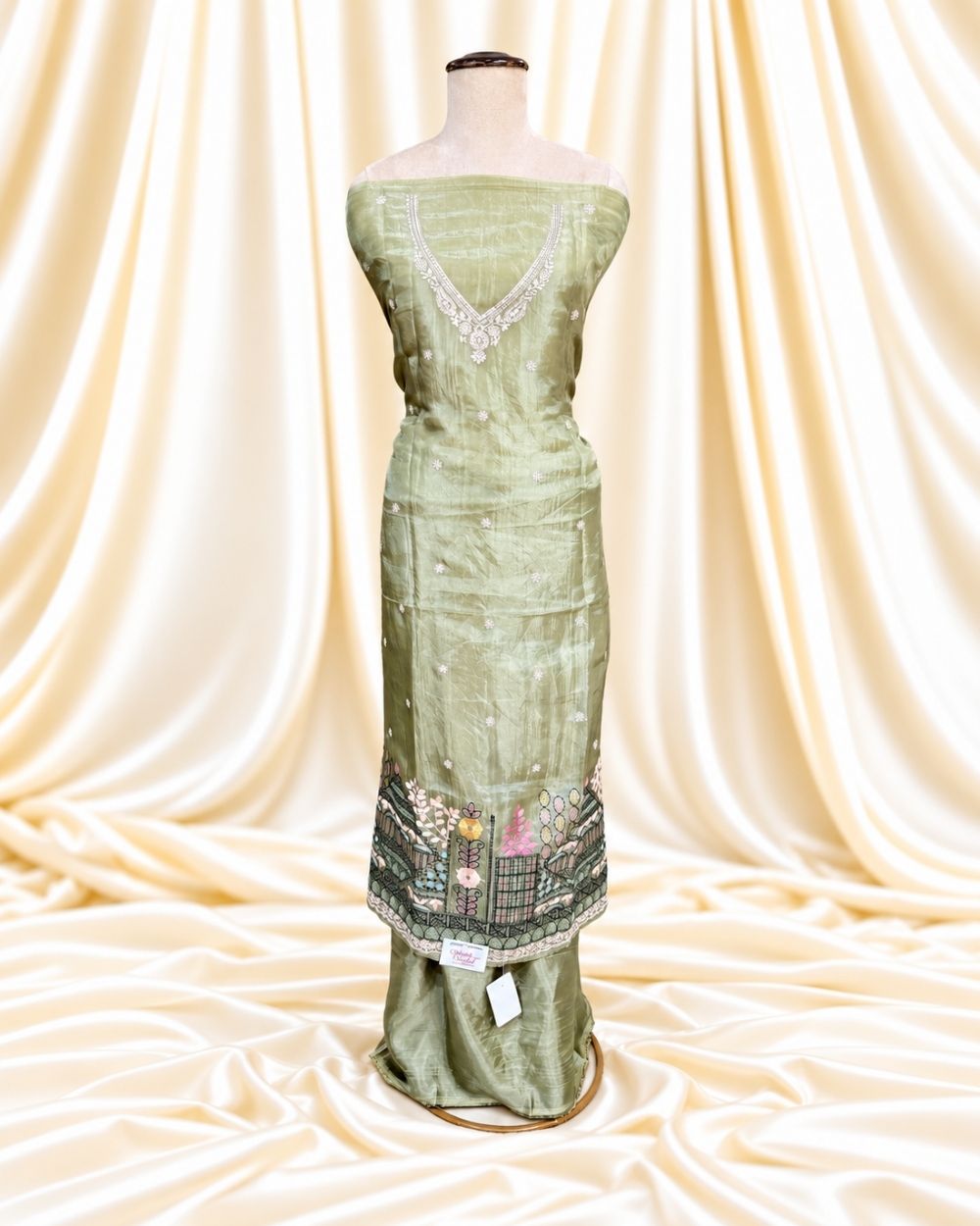 Pista Green Tissue Organza Suit with Kantha Handwork (12640003)
