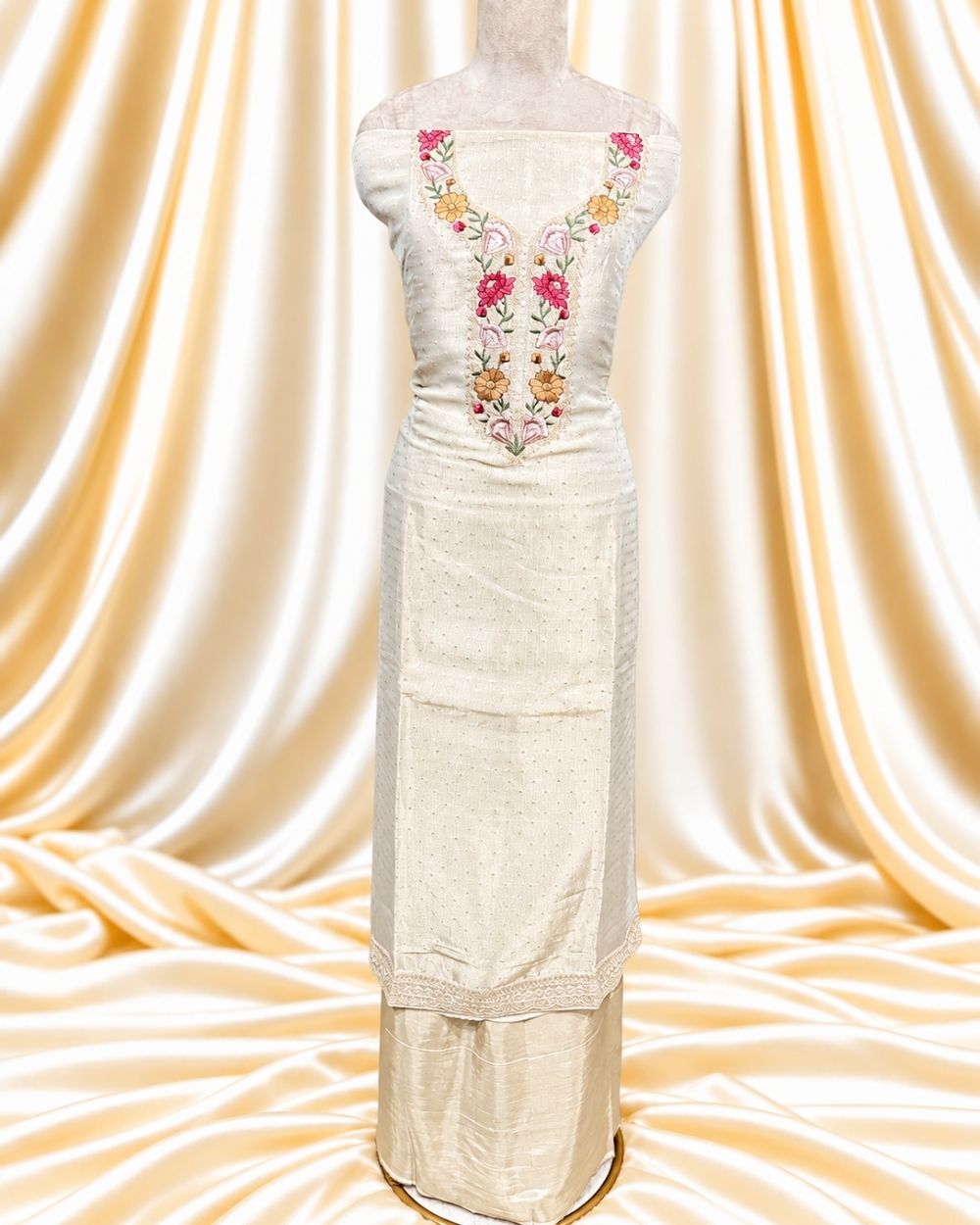 Tissue Georgette Suit with Resham Work Neckline & Zari Border Dupatta (12638054)