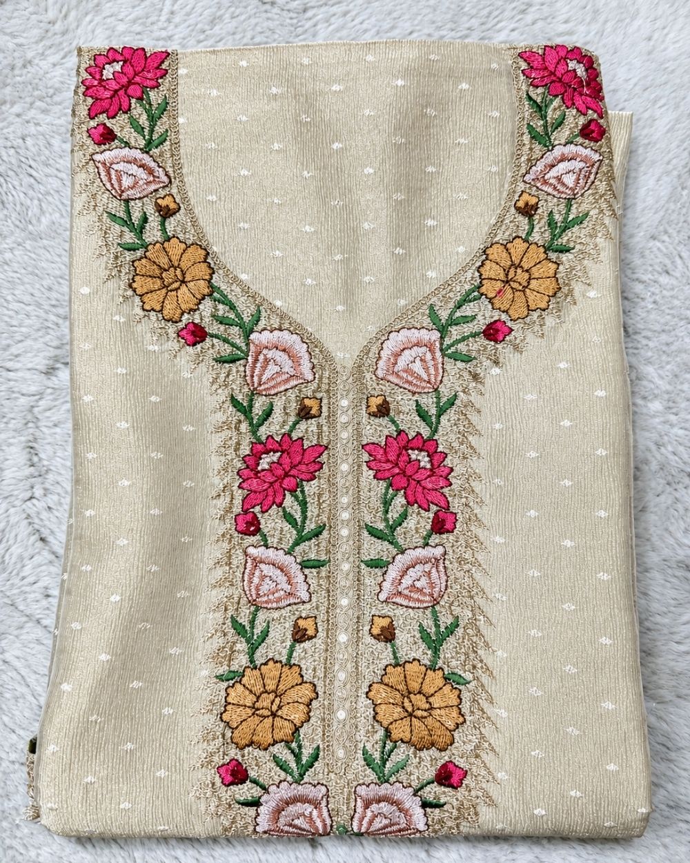 Tissue Georgette Suit with Resham Work Neckline & Zari Border Dupatta (12638054)