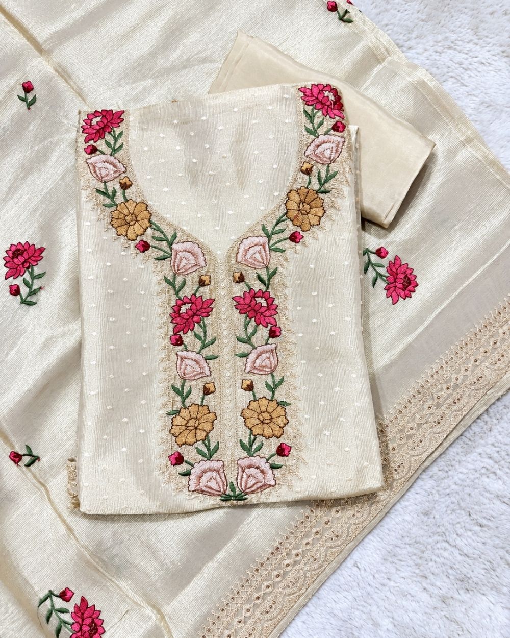 Tissue Georgette Suit with Resham Work Neckline & Zari Border Dupatta (12638054)