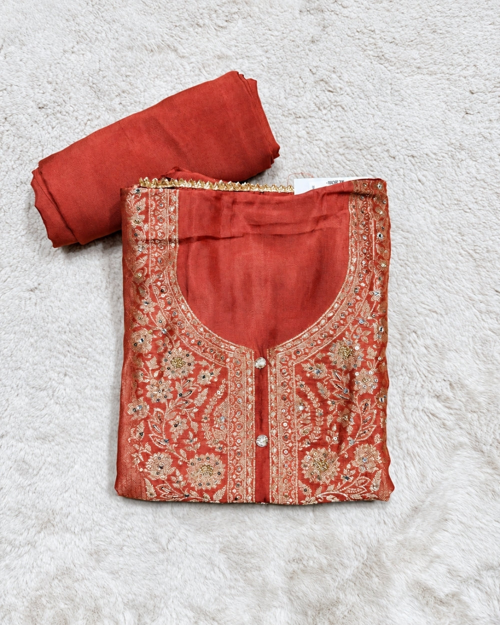 Rust Dola Crepe Suit with Handwork Neckline (12638046)