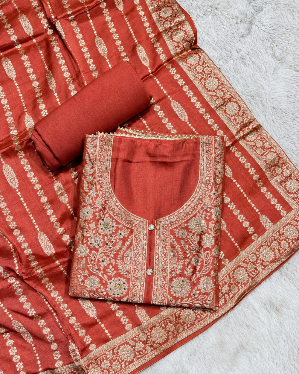 Rust Dola Crepe Suit with Handwork Neckline (12638046)