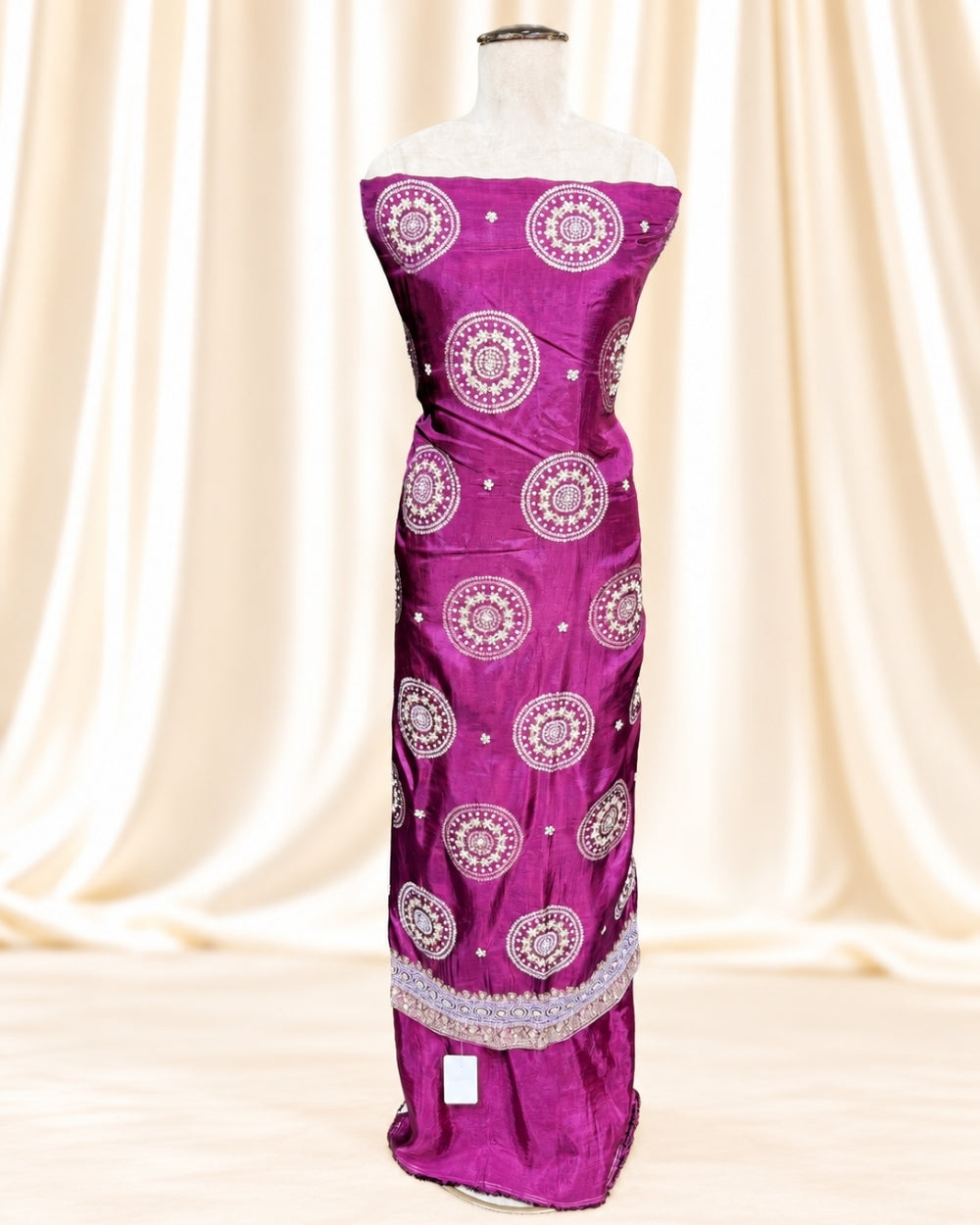 Wine Crepe Satin Suit with Traditional Bandhej Weaving (12639989)