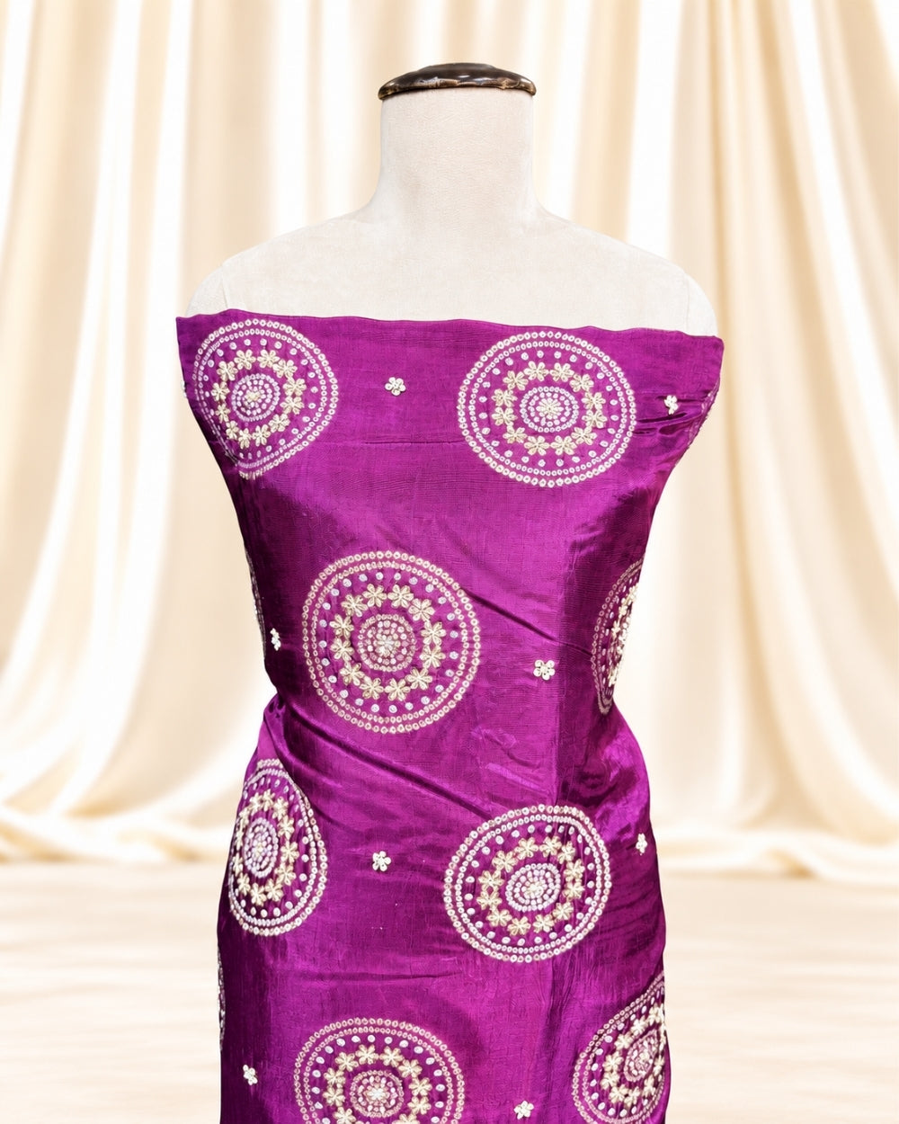 Wine Crepe Satin Suit with Traditional Bandhej Weaving (12639989)