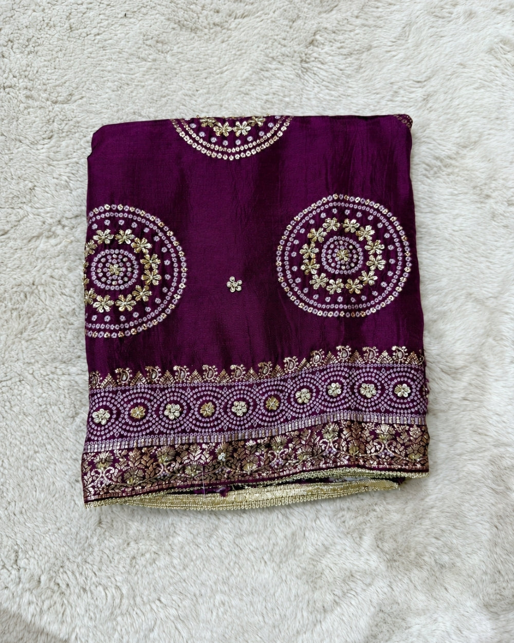 Wine Crepe Satin Suit with Traditional Bandhej Weaving (12639989)