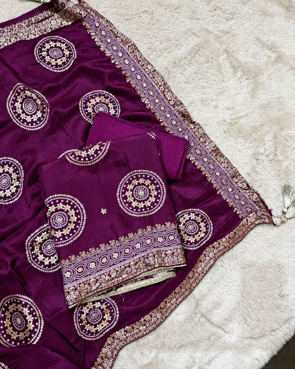 Wine Crepe Satin Suit with Traditional Bandhej Weaving (12639989)