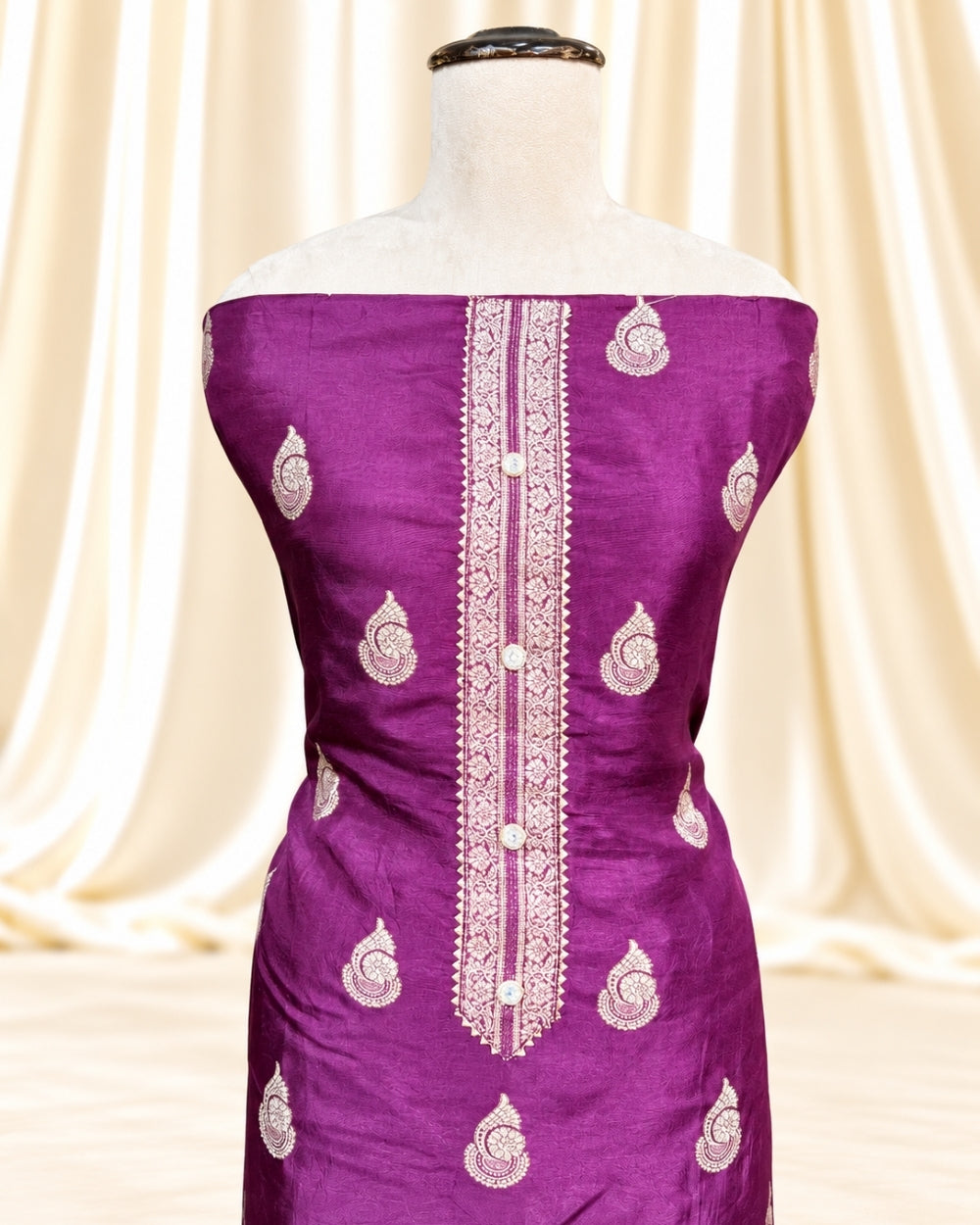 Wine Dola Crepe Suit with Traditional Weaving (12640006)