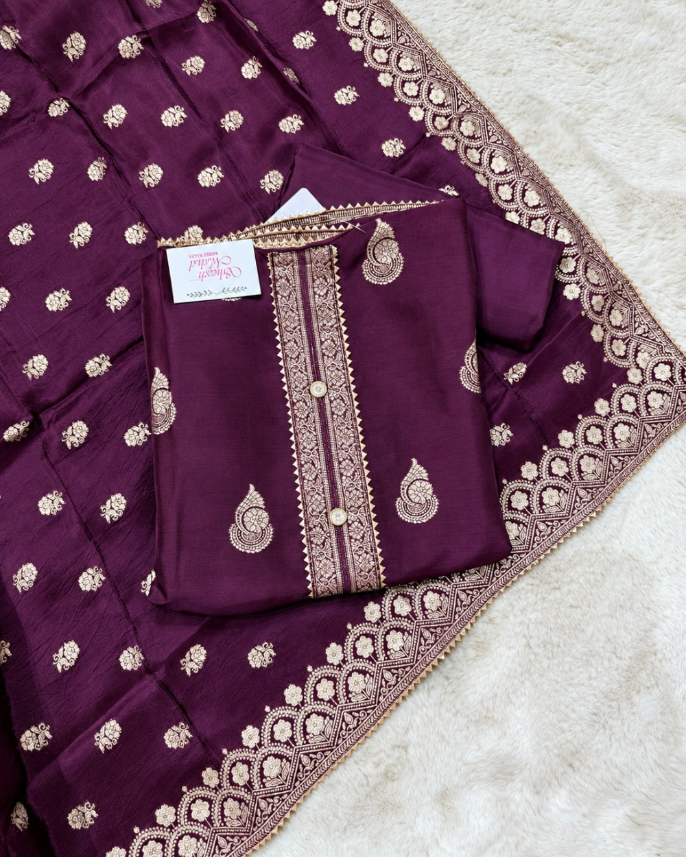 Wine Dola Crepe Suit with Traditional Weaving (12640006)
