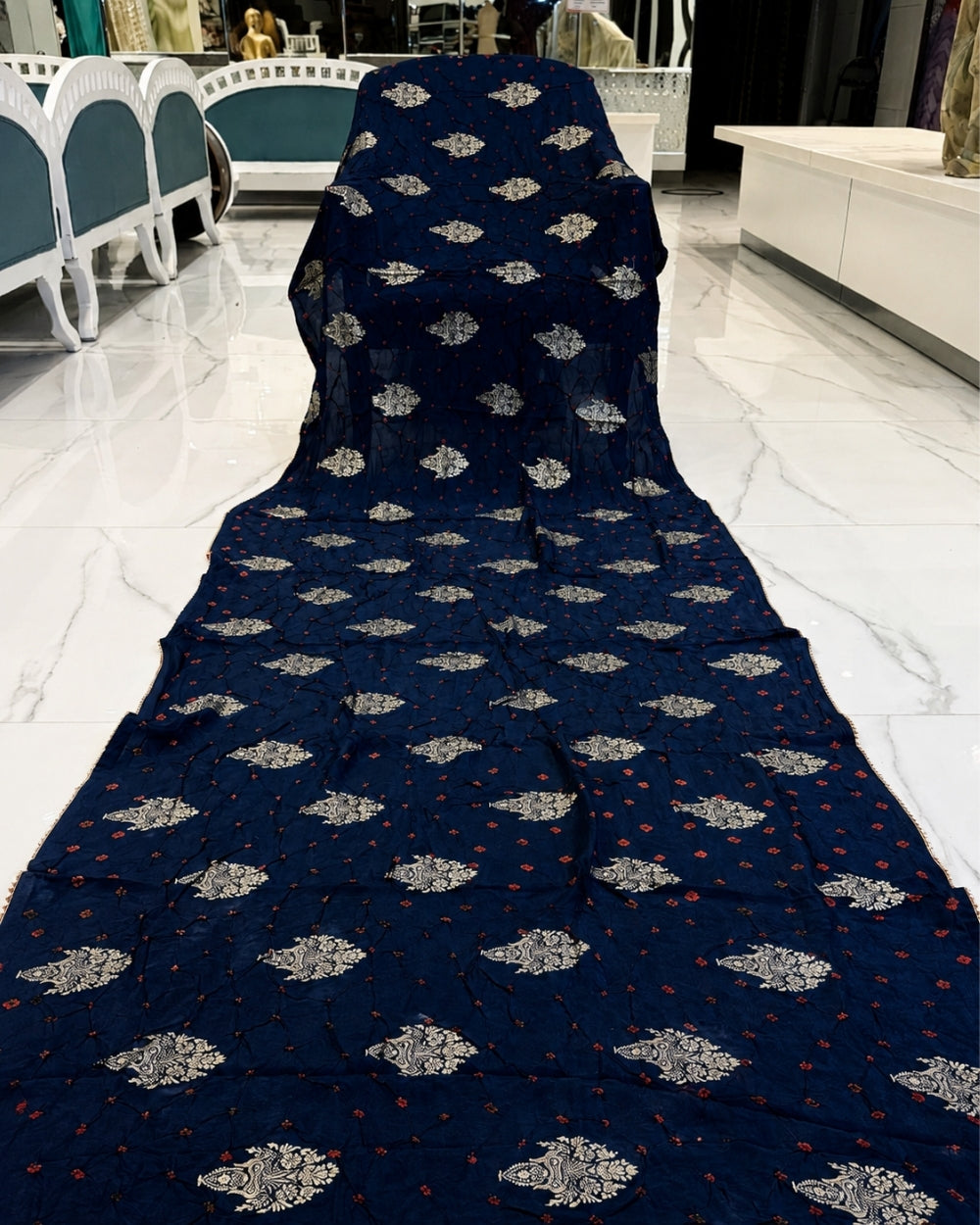 Blue Munga Weaving Bandhej Saree with Red Blouse (12626113)
