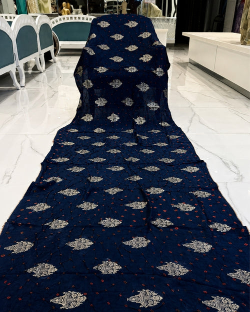 Blue Munga Weaving Bandhej Saree with Red Blouse (12626113)
