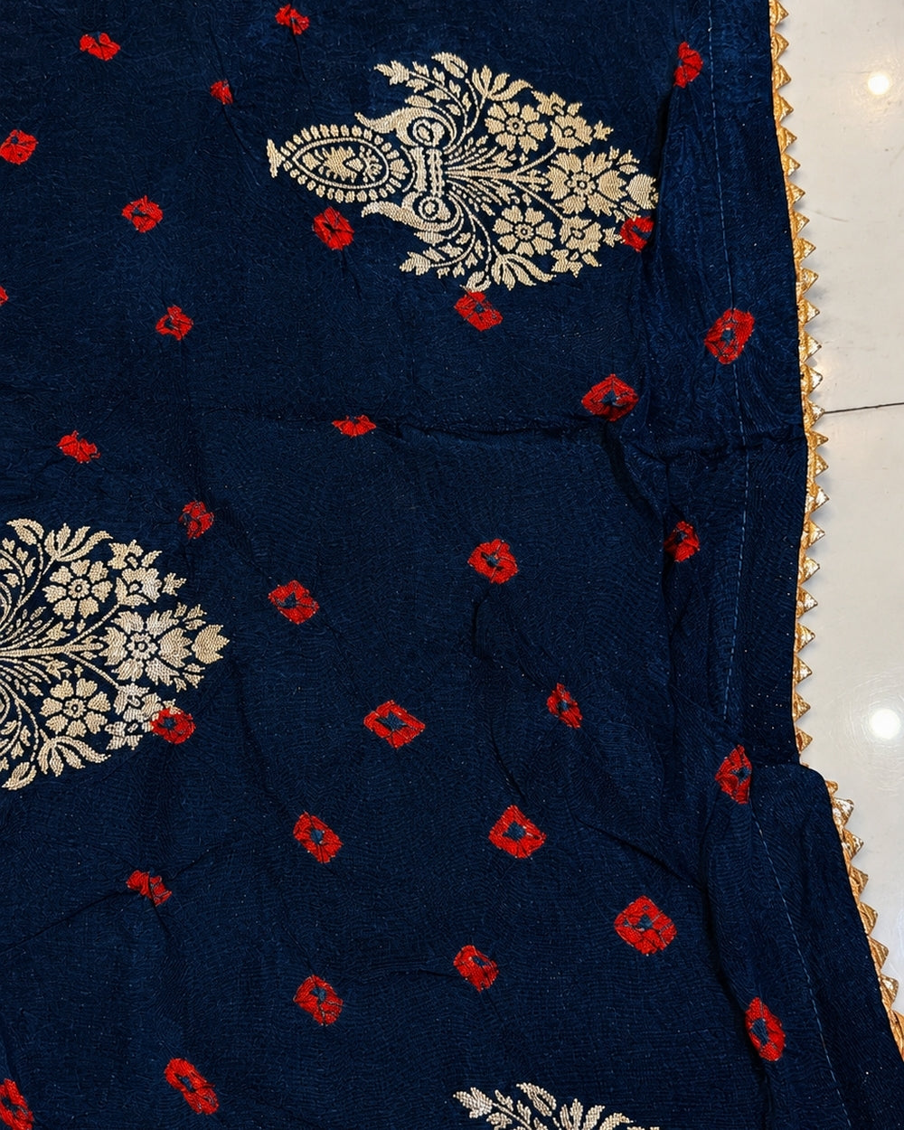 Blue Munga Weaving Bandhej Saree with Red Blouse (12626113)
