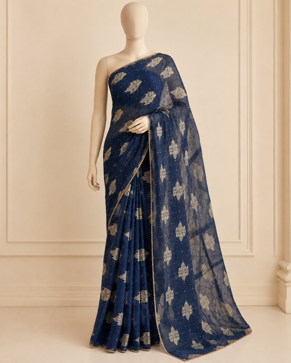Blue Munga Weaving Bandhej Saree with Red Blouse (12626113)
