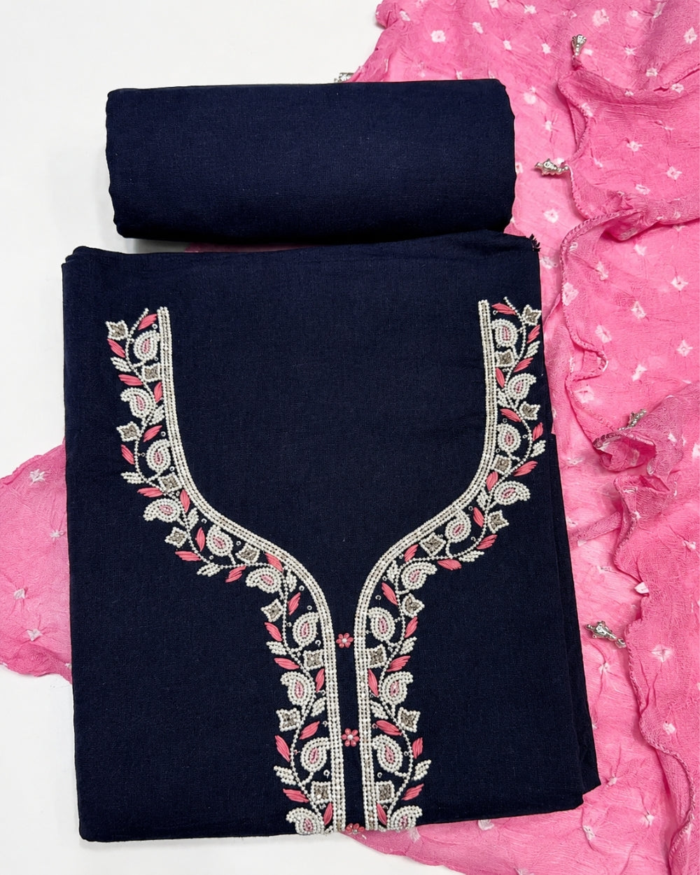 Cotton Suit with Handwork Neckline & Bandhej Dupatta (12625156)