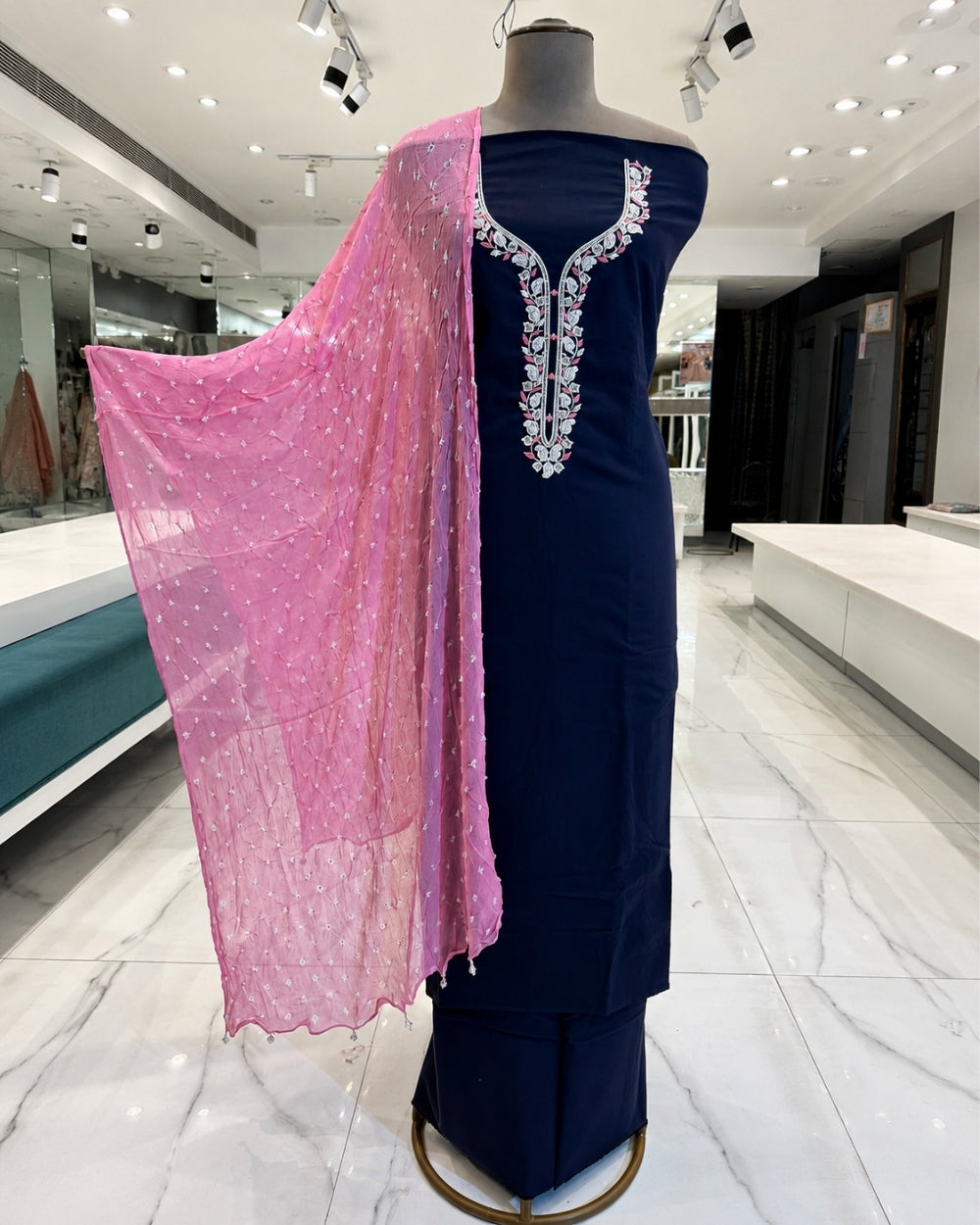 Cotton Suit with Handwork Neckline & Bandhej Dupatta (12625156)