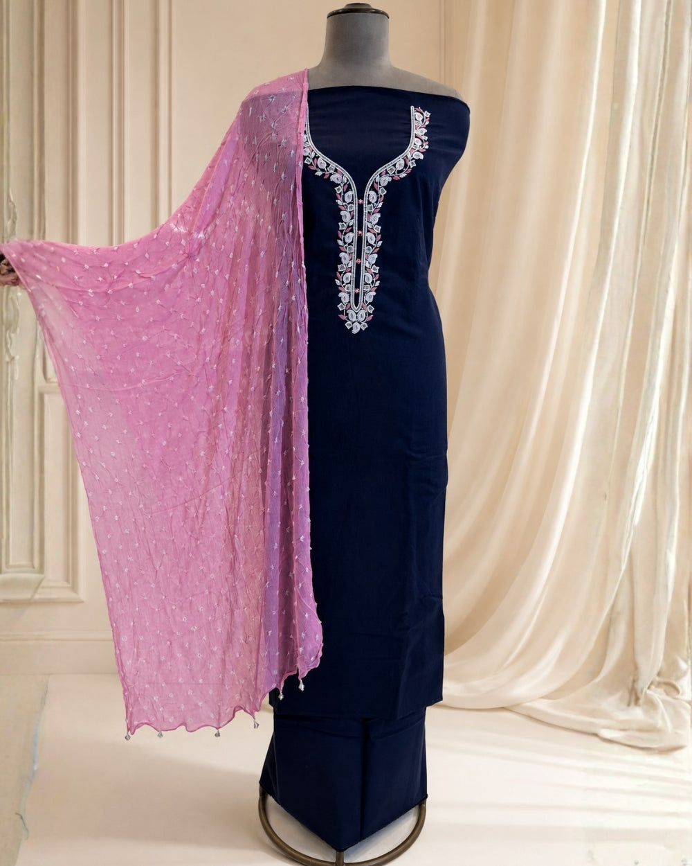 Cotton Suit with Handwork Neckline & Bandhej Dupatta (12625156)