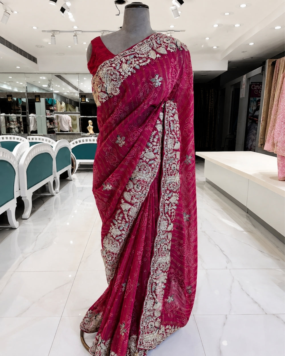 Georgette Zari Weaving Saree with Jardozi Peacock Border & Bandhej Print (12625367)
