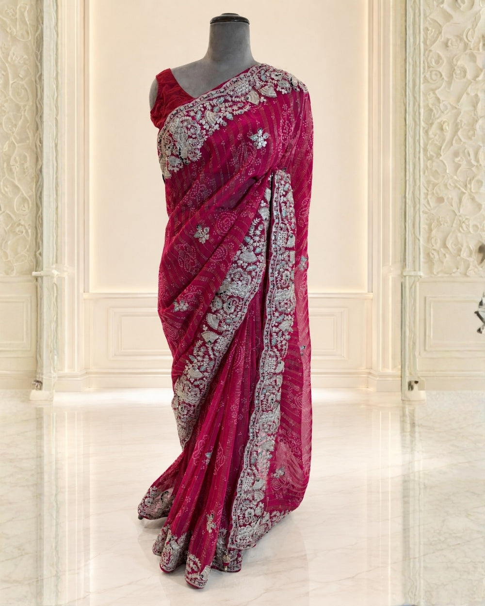 Georgette Zari Weaving Saree with Jardozi Peacock Border & Bandhej Print (12625367)