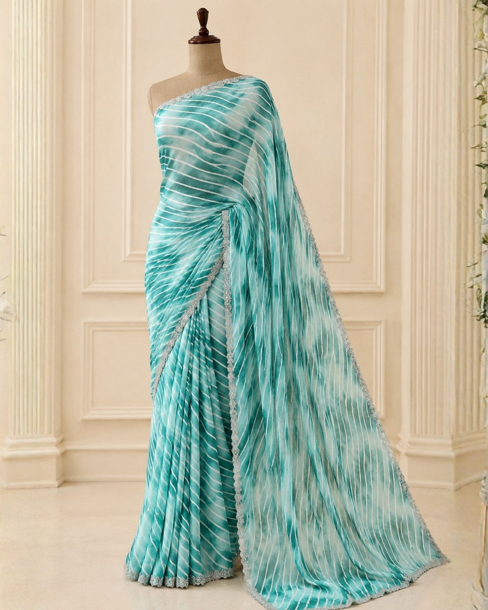 Green Georgette Lehariya Saree with Swarovski Border Work (12626332)