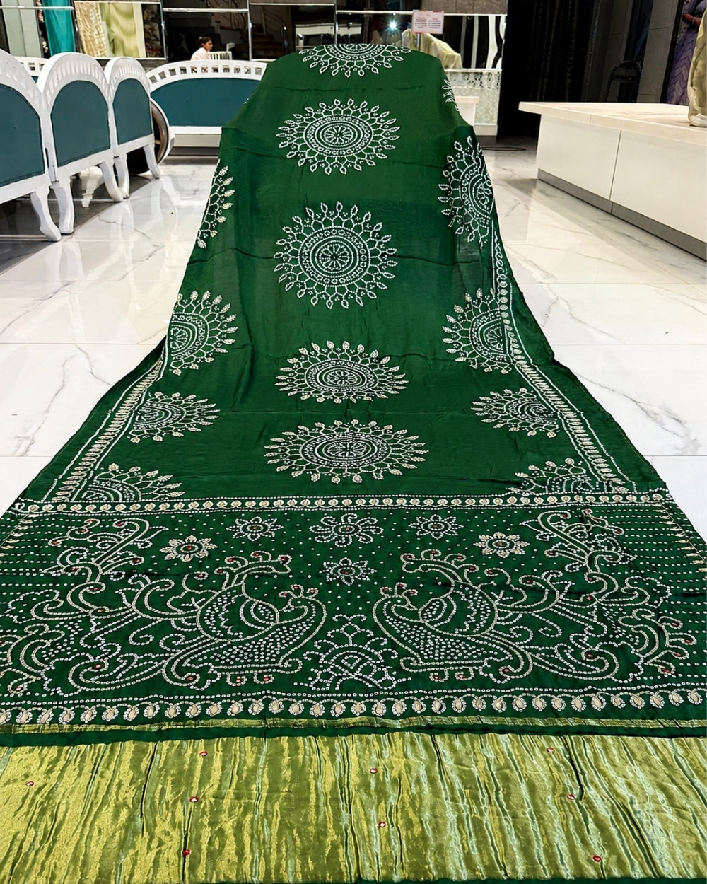 Green Monga Crepe Bandhej Saree with Mirror & Gotta Patti Work (12626021)