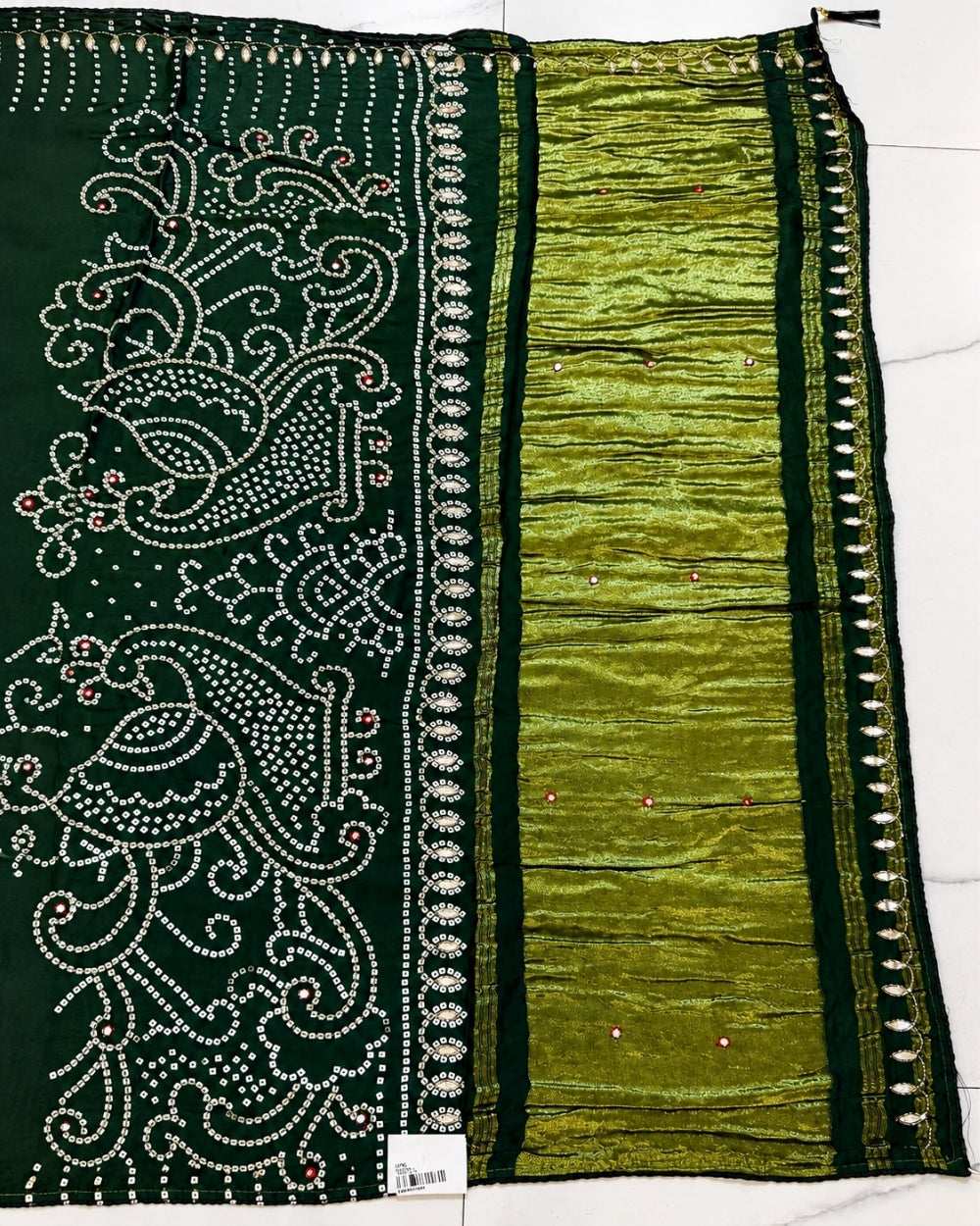 Green Monga Crepe Bandhej Saree with Mirror & Gotta Patti Work (12626021)