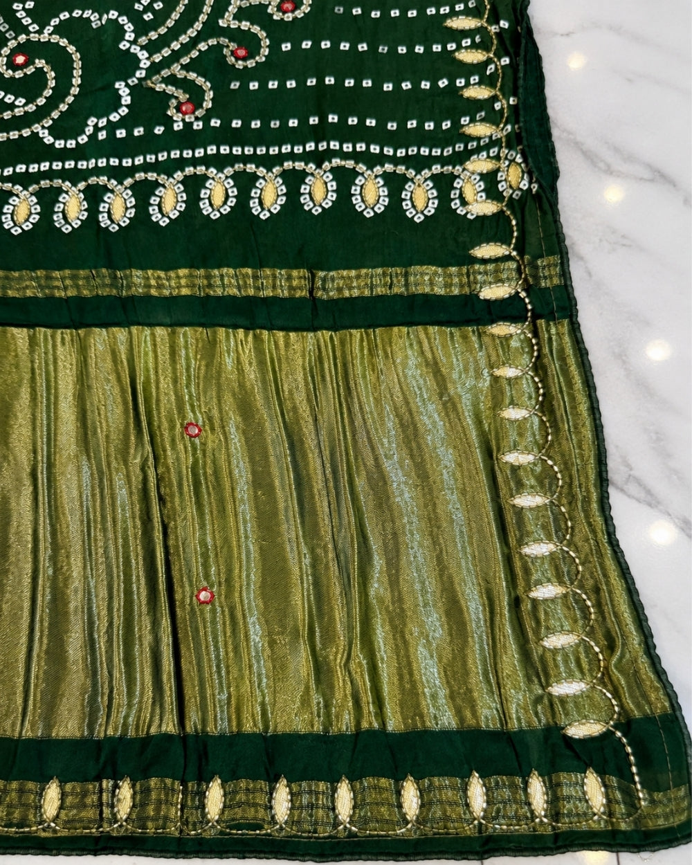 Green Monga Crepe Bandhej Saree with Mirror & Gotta Patti Work (12626021)