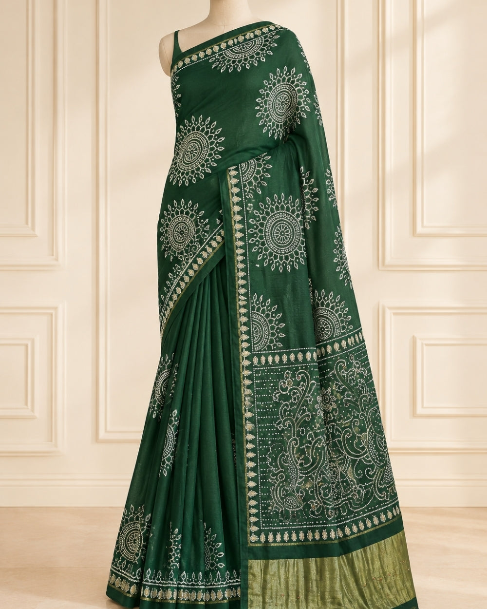 Green Monga Crepe Bandhej Saree with Mirror & Gotta Patti Work (12626021)