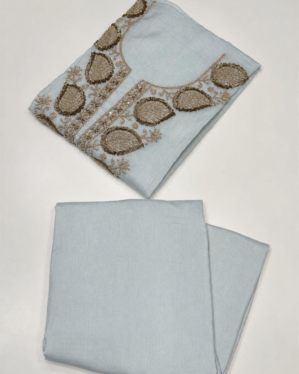 Light Sea Blue Mul Cotton Suit with Bead Work (12625890)