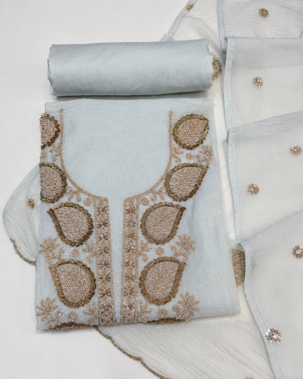 Light Sea Blue Mul Cotton Suit with Bead Work (12625890)
