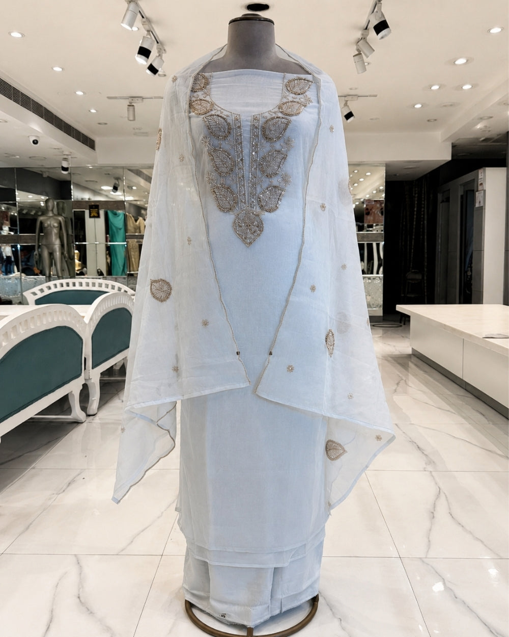 Light Sea Blue Mul Cotton Suit with Bead Work (12625890)