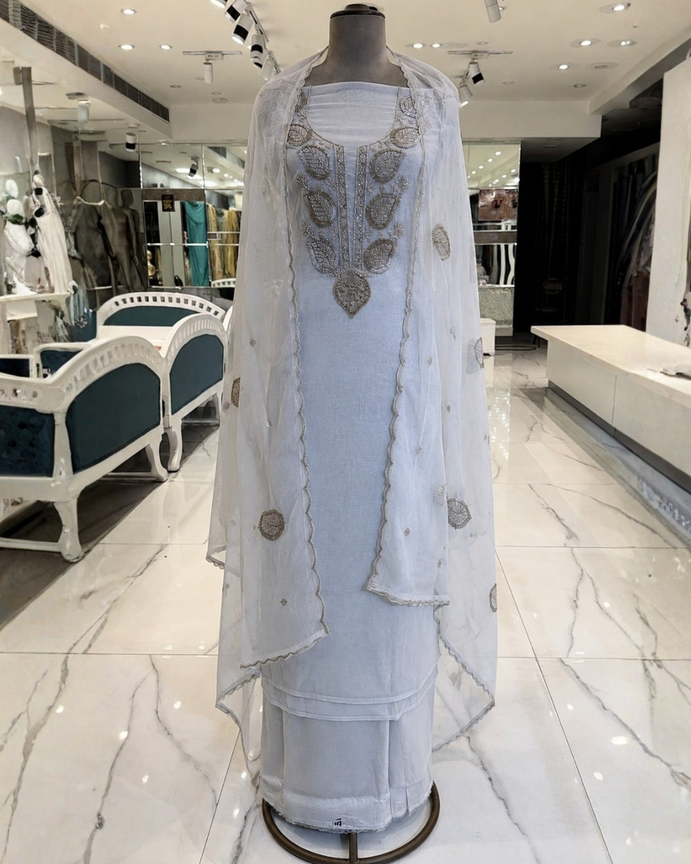Light Sea Blue Mul Cotton Suit with Bead Work (12625890)