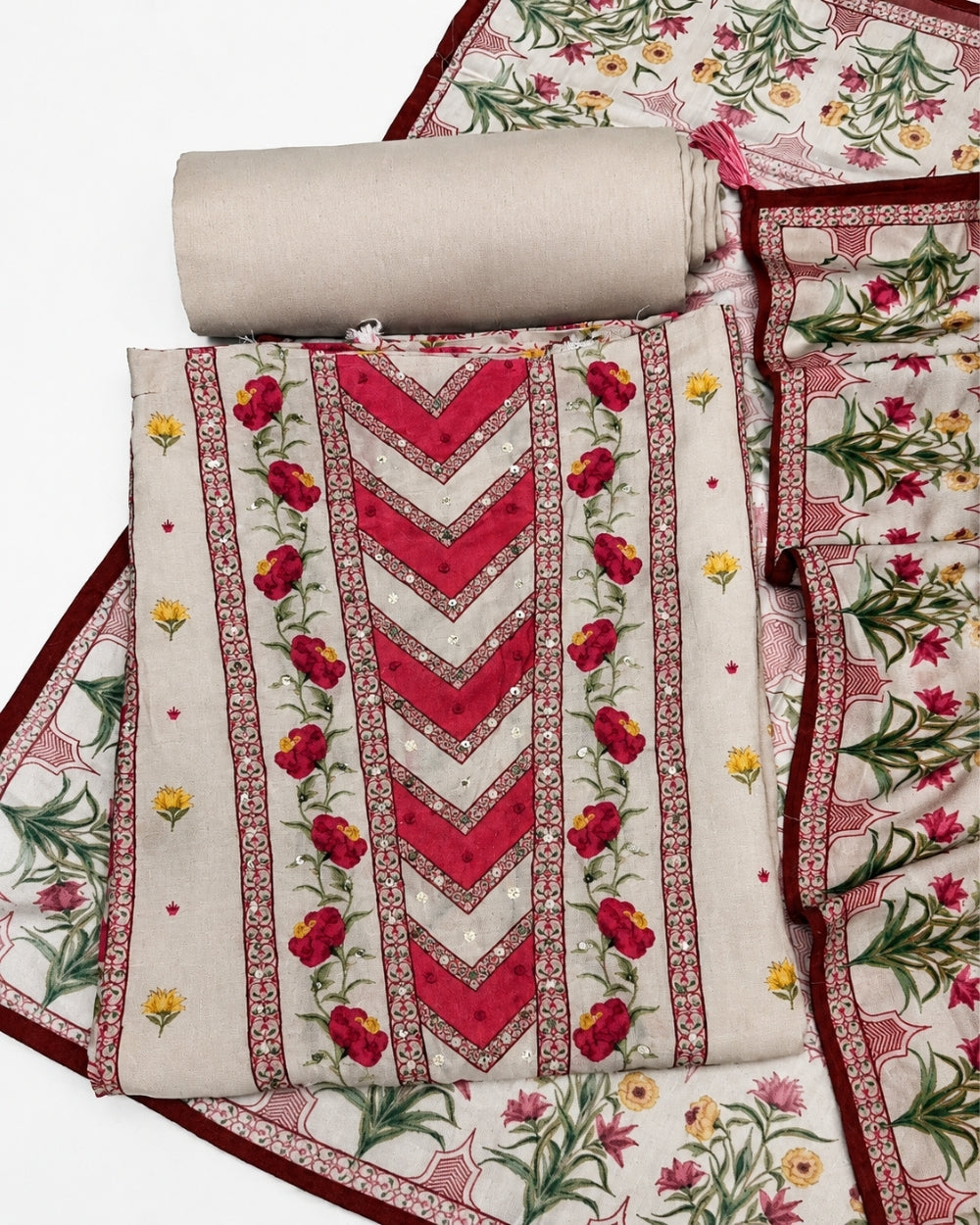 Muslin Printed Suit with French Knot Work & Dupatta (12612574)
