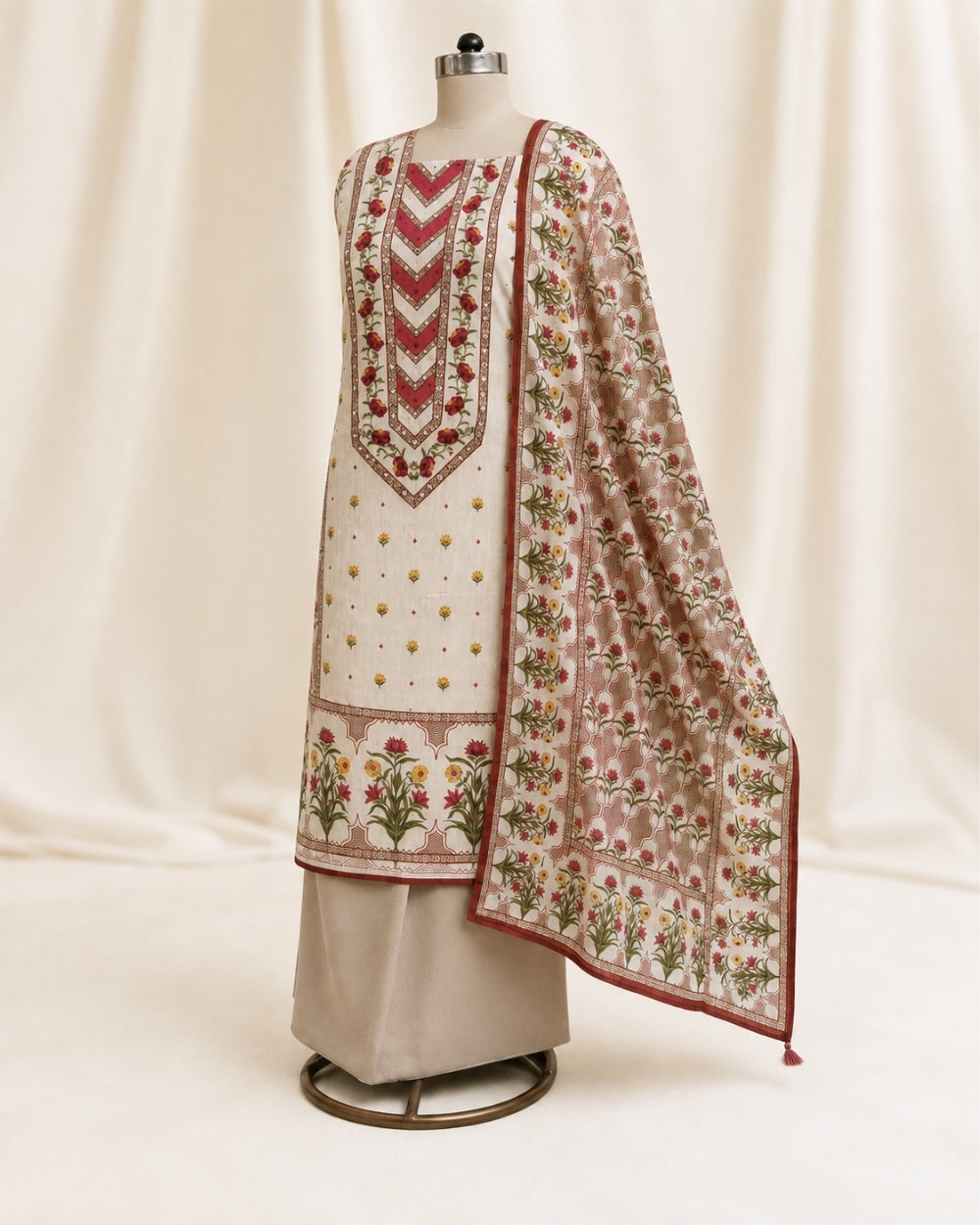 Muslin Printed Suit with French Knot Work & Dupatta (12612574)
