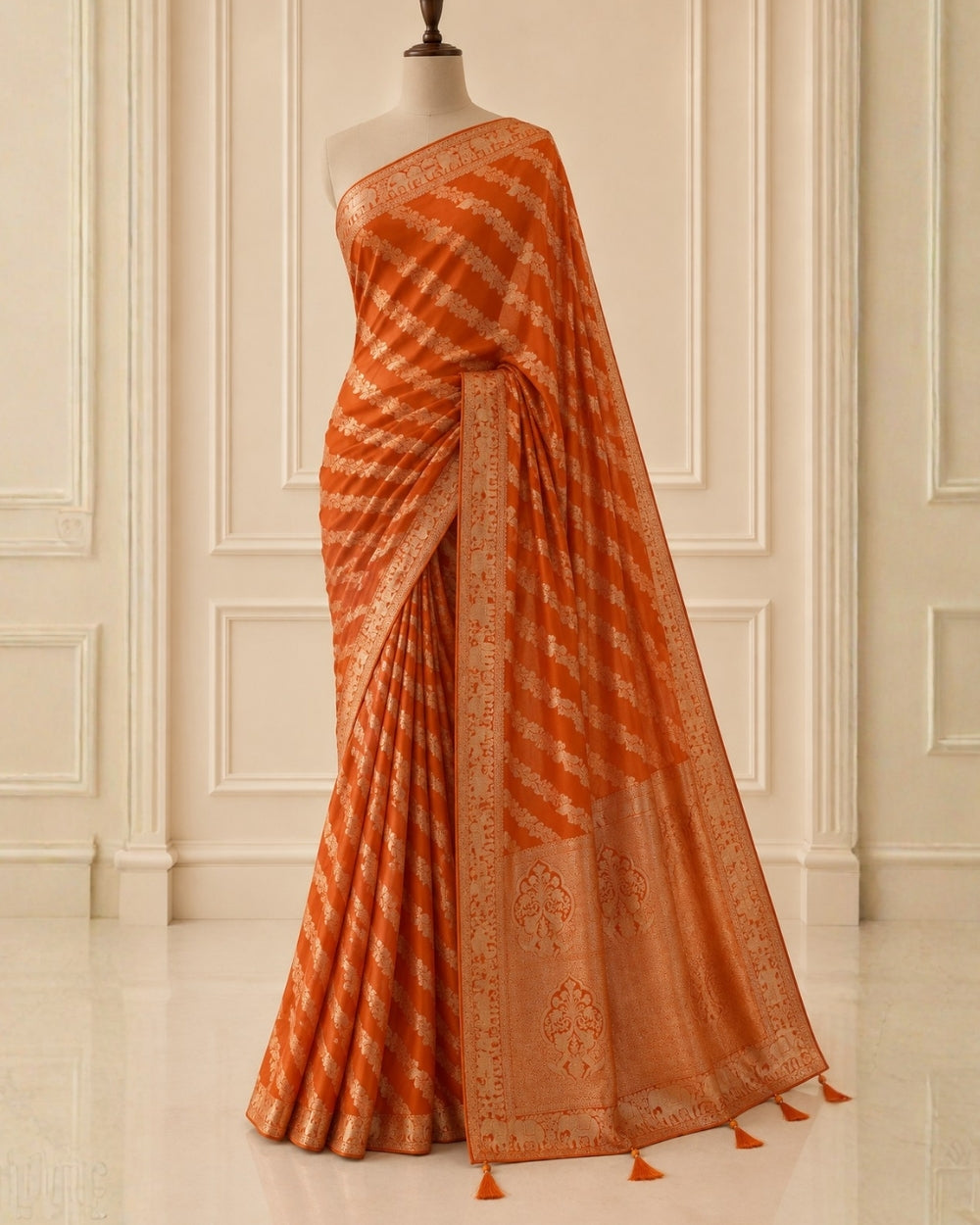 Orange Dola Lehariya Weaving Saree with Elephant Border (12624597)