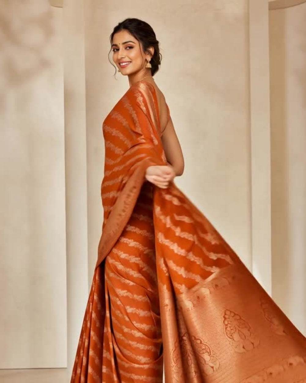 Orange Dola Lehariya Weaving Saree with Elephant Border (12624597)