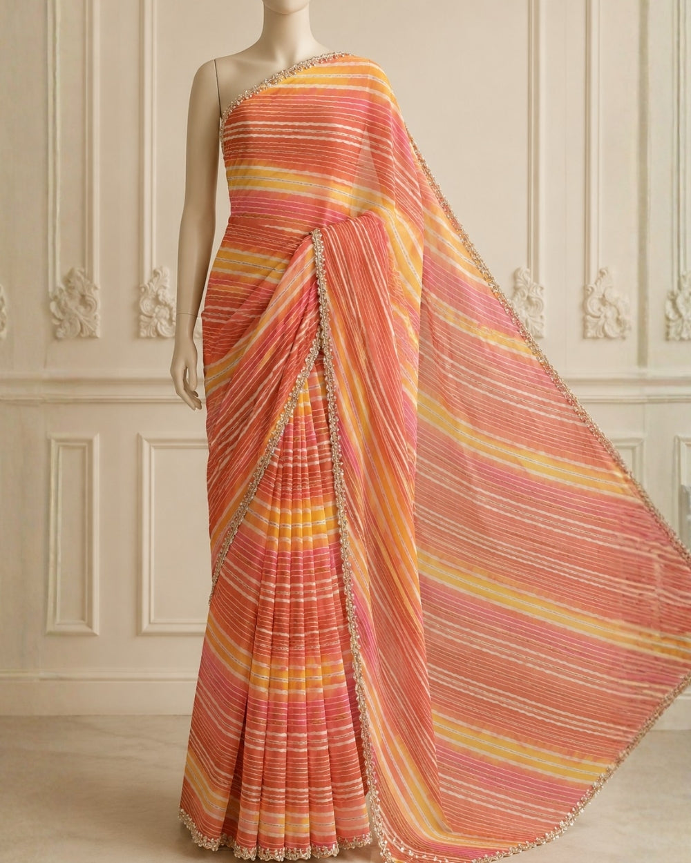 Orange Yellow Chiffon Lehariya Saree with Hand Mirror & Nalki Work (12626080)