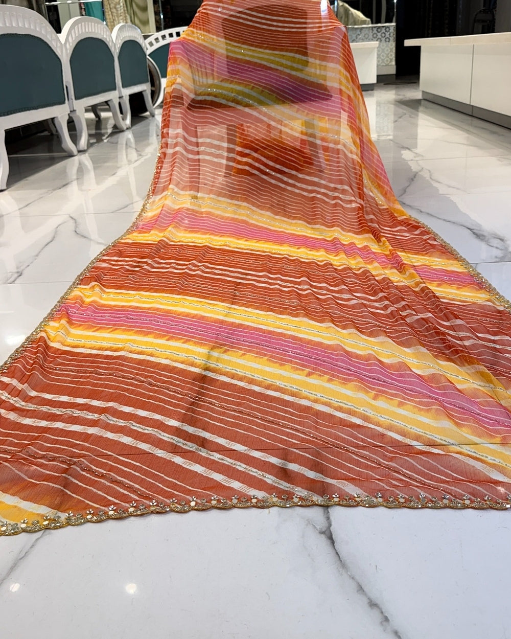 Orange Yellow Chiffon Lehariya Saree with Hand Mirror & Nalki Work (12626080)