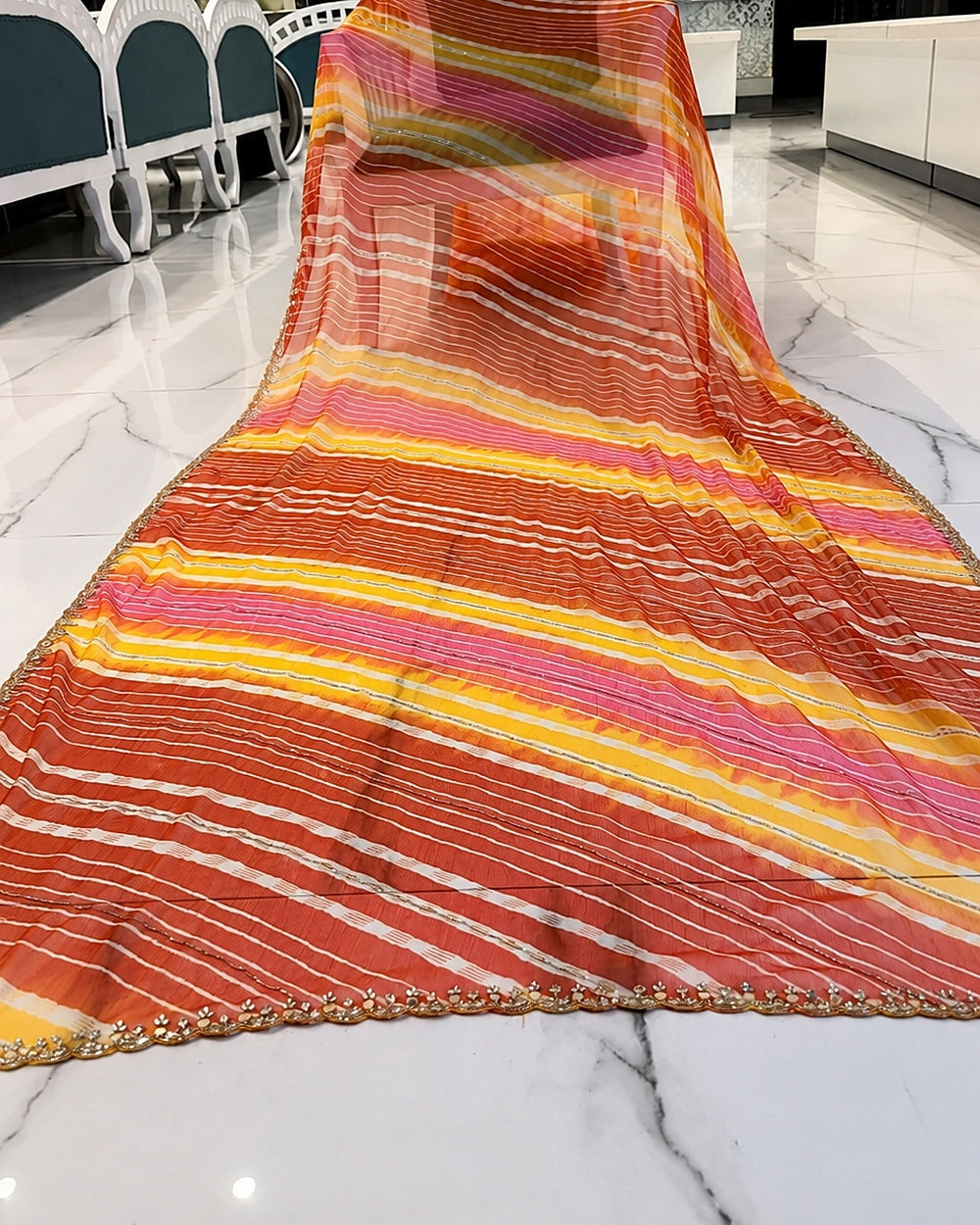 Orange Yellow Chiffon Lehariya Saree with Hand Mirror & Nalki Work (12626080)